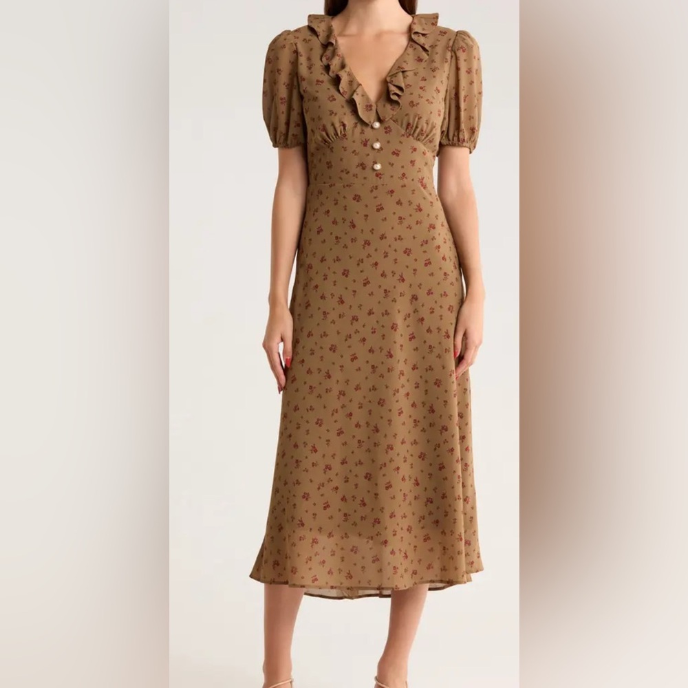 Wayf Brown Floral Midi Dress